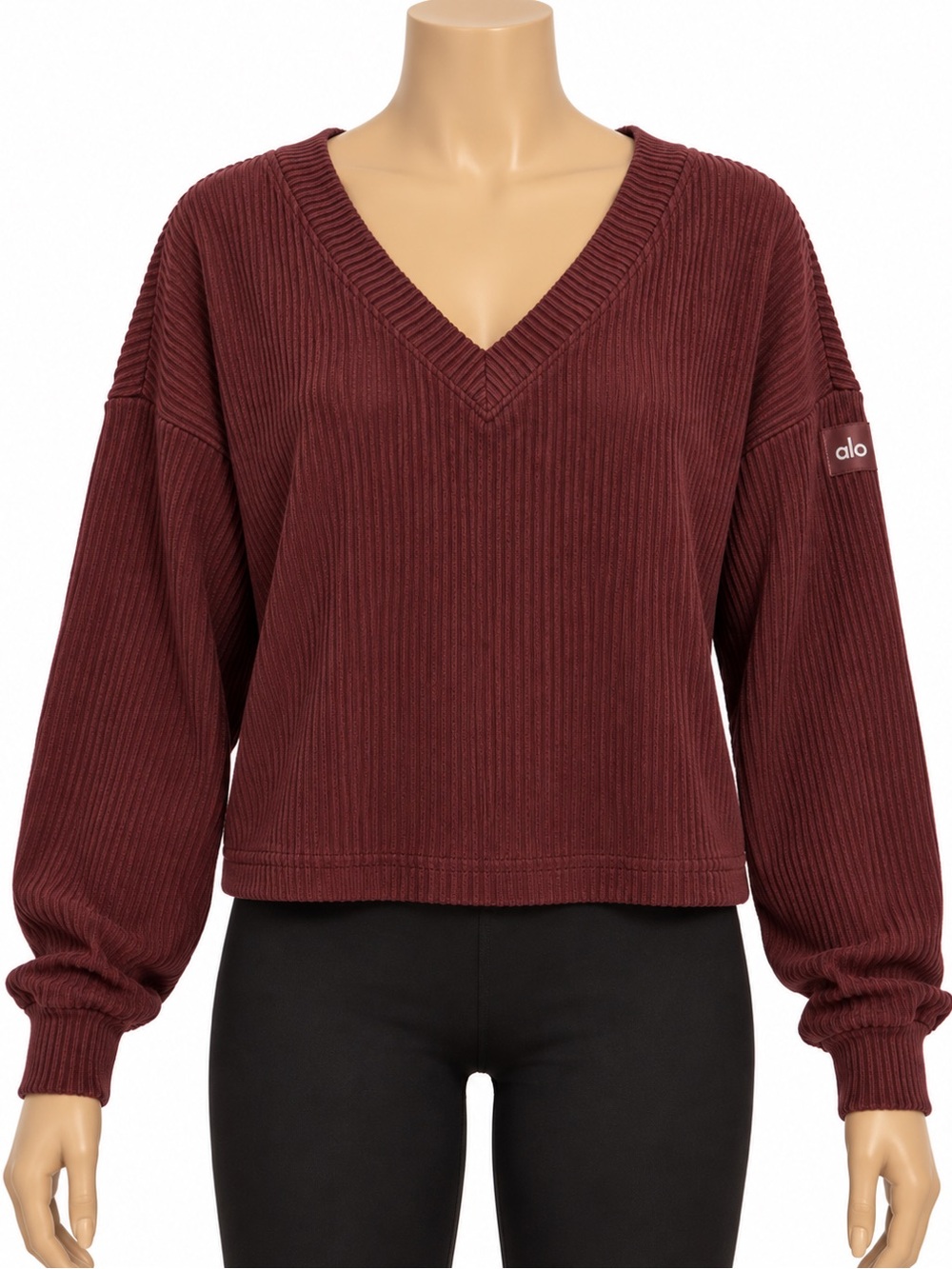 Alo Yoga Ribbed V Neck Long Sleeve Top Burgundy Red Size Large